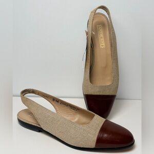 Vintage Lands End Linen Genuine Leather Sling Back Flats Women size 8.5M Italy